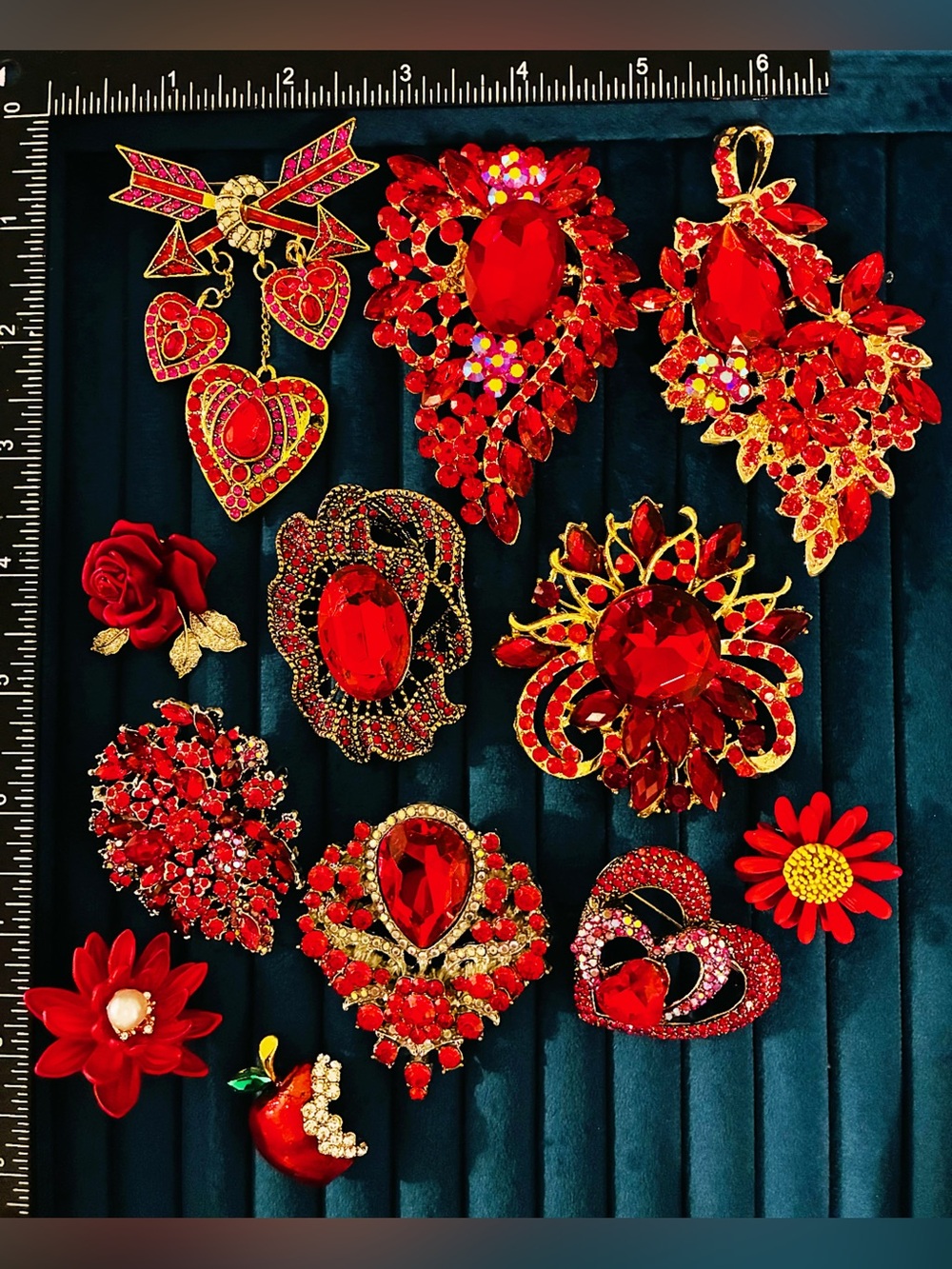 Lot of 12 Red Rhinestone Brooches Heart Flower Bow Apple Statement Pins Jewelry